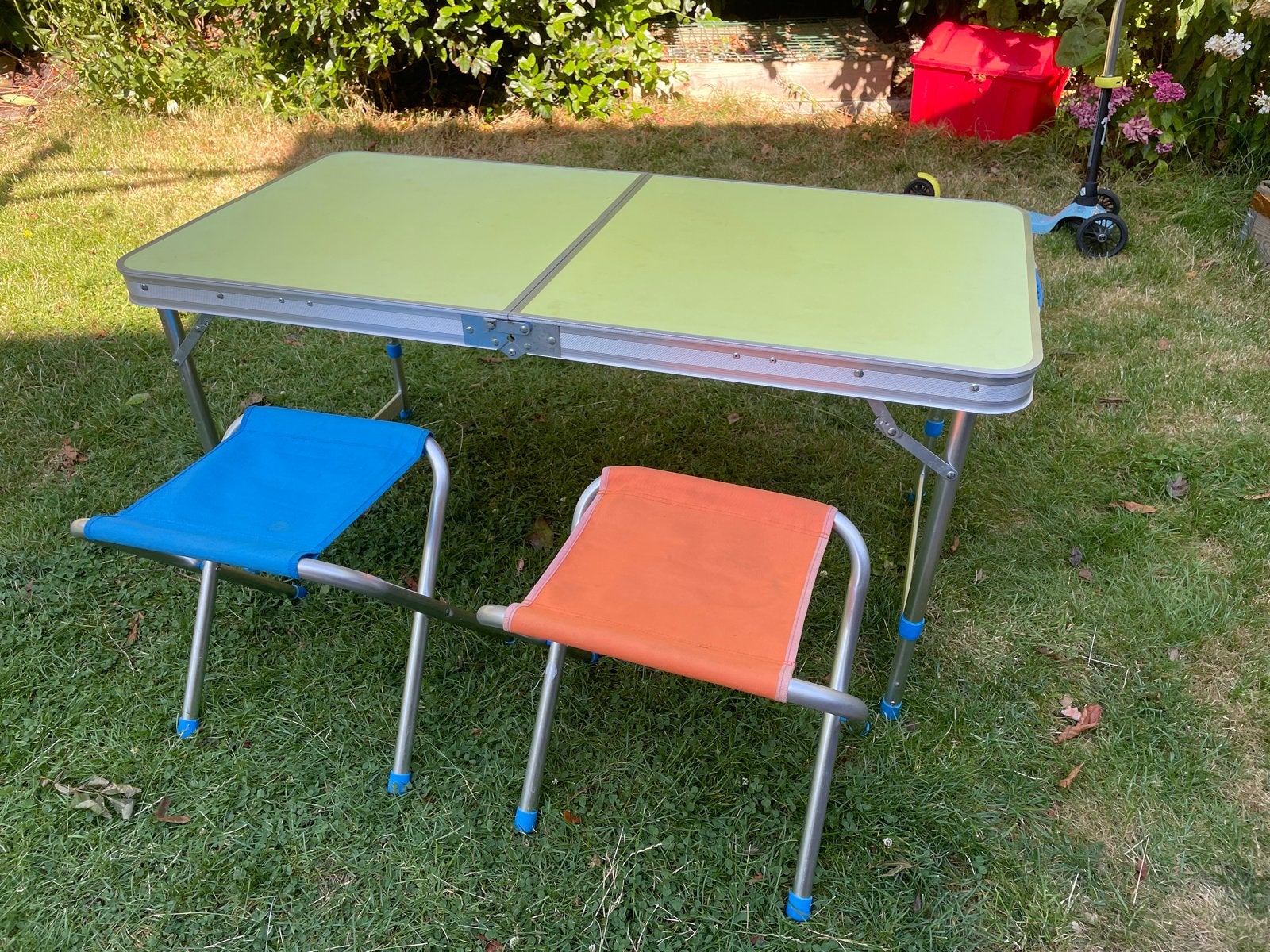Opvouwbare campingtafel 120x60 met krukjes - verstelbaar, Ophalen, Gebruikt