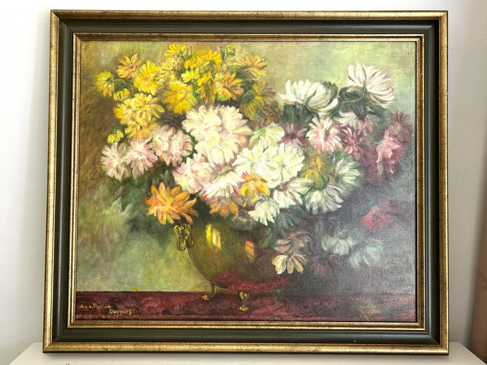 Olieverf schilderij stilleven bloemen chrysanten 70x59, Antiek en Kunst, Kunst | Schilderijen | Klassiek, Paneel, Impressionistisch