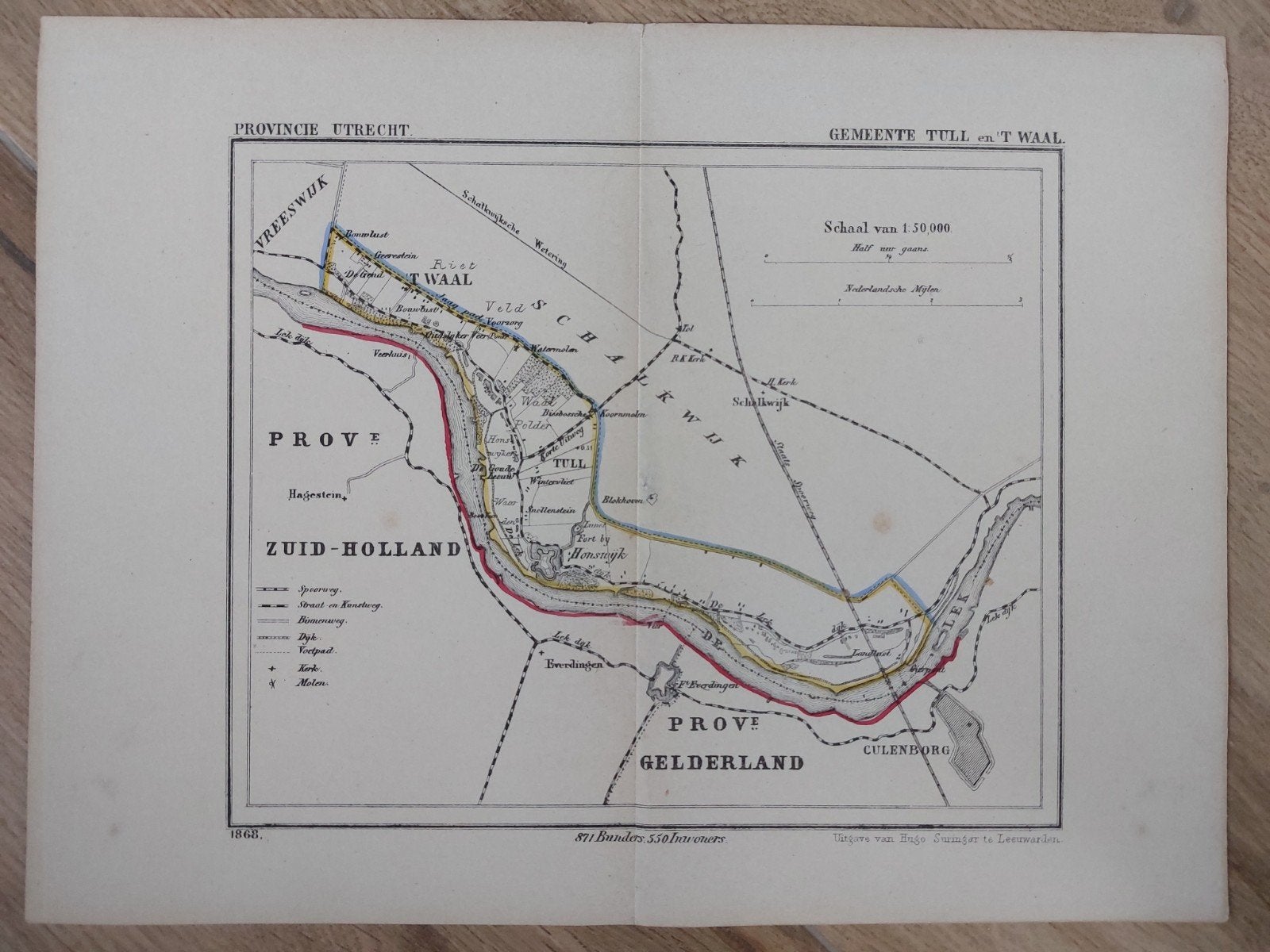 29 / Tull en 't Waal  - Culemborg Kuyper Utrecht litho 1868, Antiek en Kunst, Origineel, Ophalen of Verzenden, Kaarten en plattegronden