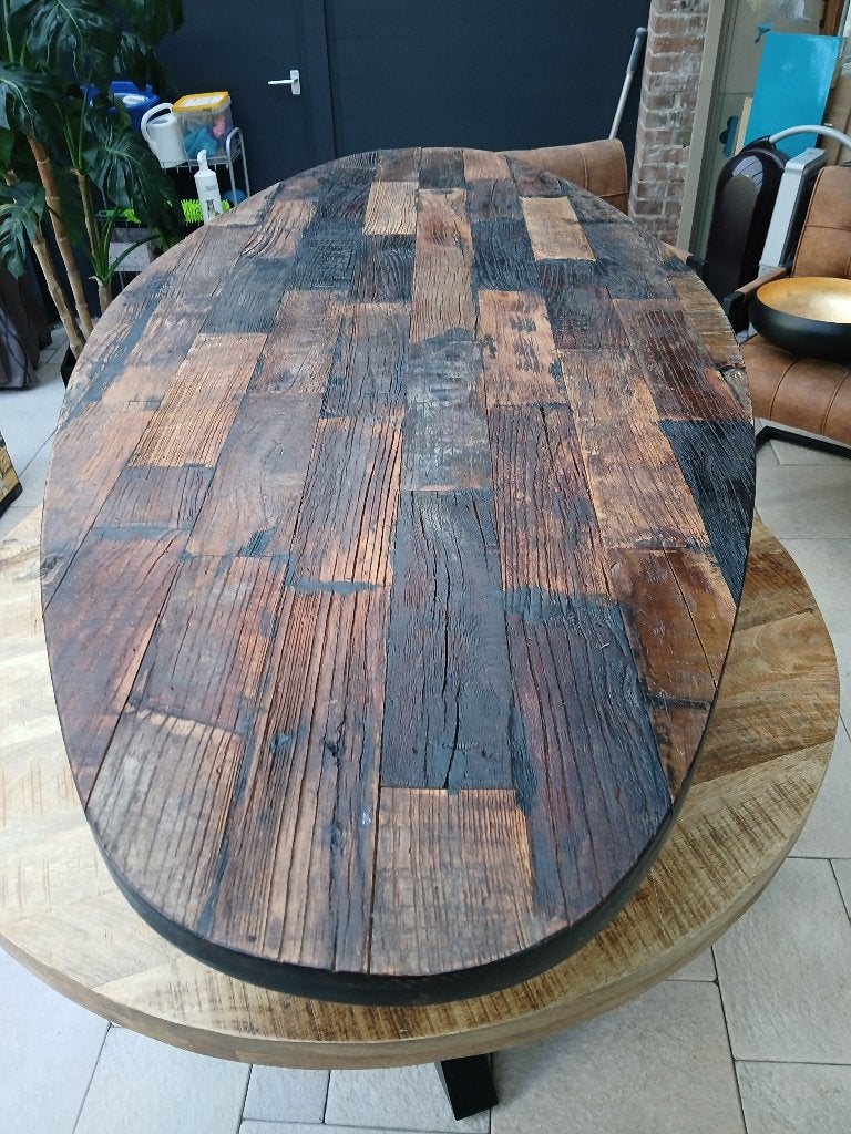 Ovale Visgraat Salontafel (Mangohout & Staal), Huis en Inrichting, Tafels | Salontafels, Ophalen, 50 tot 100 cm, Zo goed als nieuw