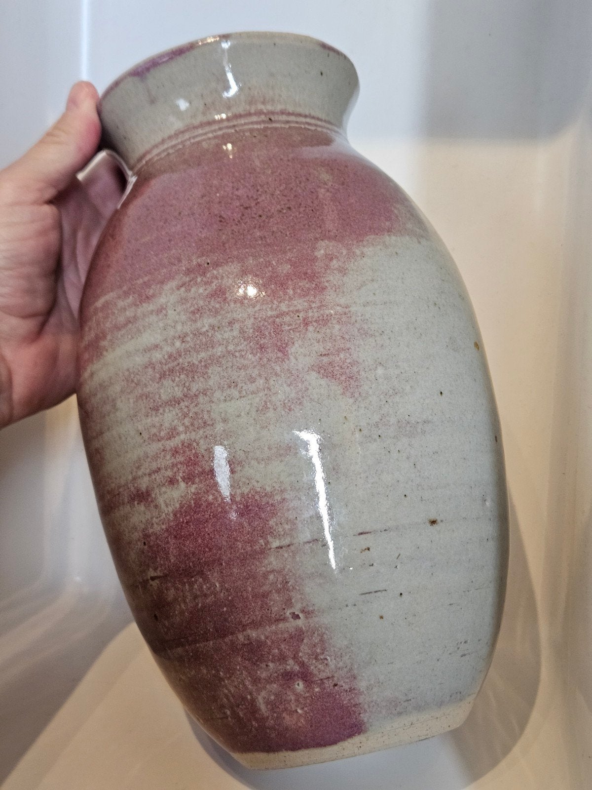 Grote vintage artisan vaas in groen en rood glazuur 28 cm, Verzenden