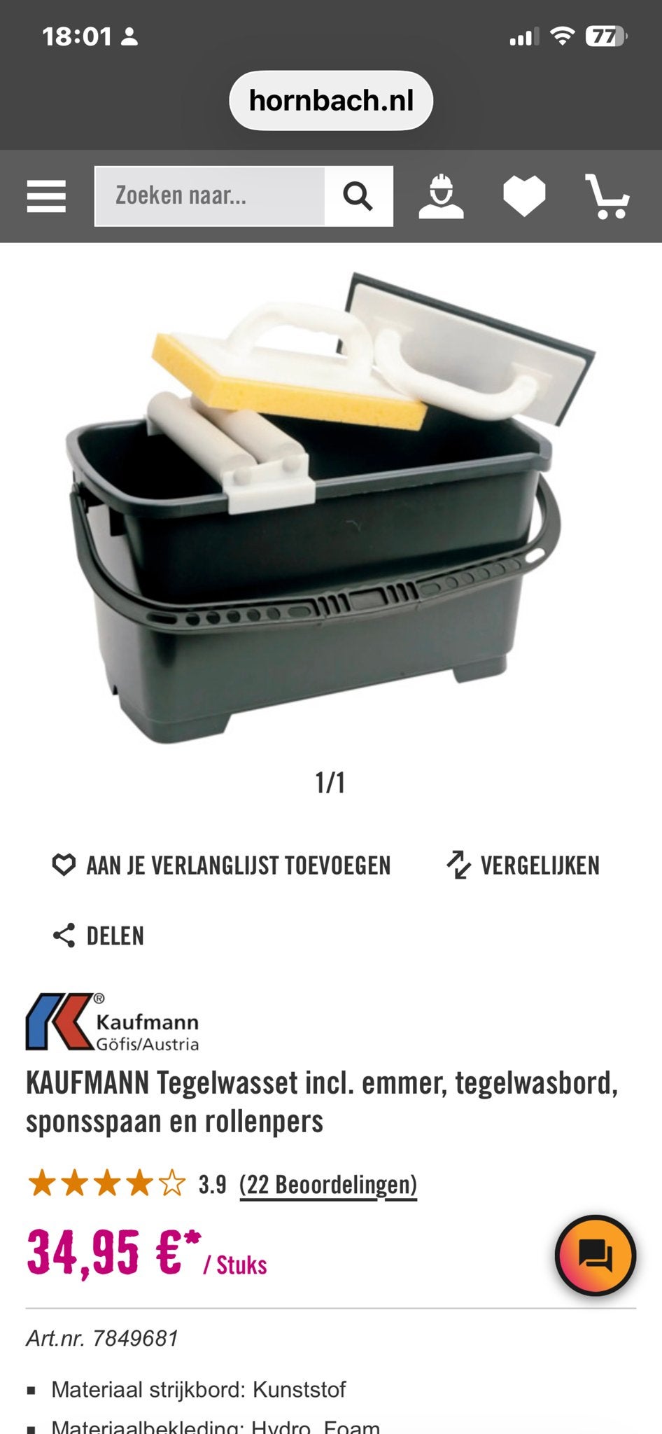 KAUFMANN Tegelwasset compleet met emmer en toebehoren, Doe-het-zelf en Verbouw, Tegels, Ophalen, Zo goed als nieuw, Overige materialen