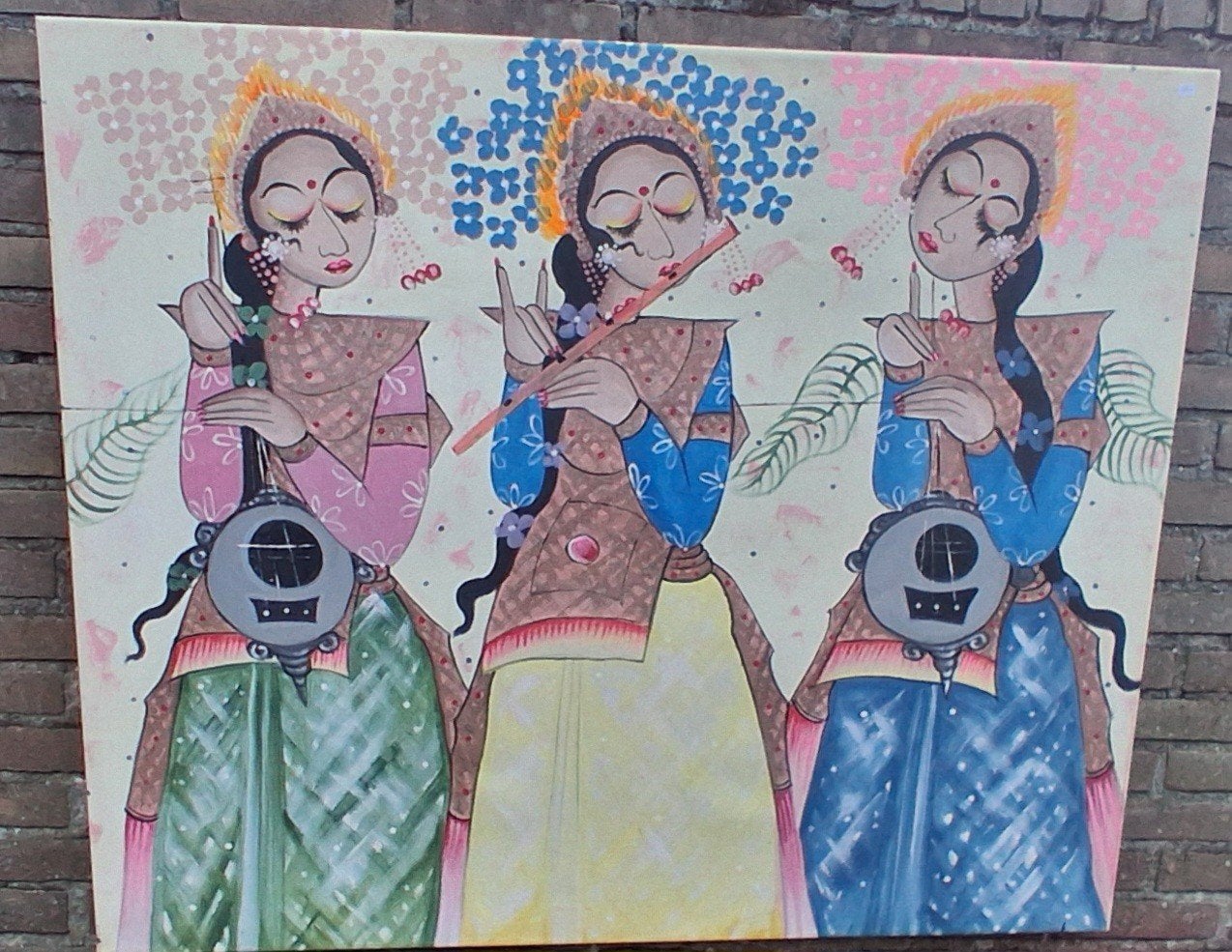 Indonesische muzikanten.  Acryl/doek. 115/96 cm., Ophalen
