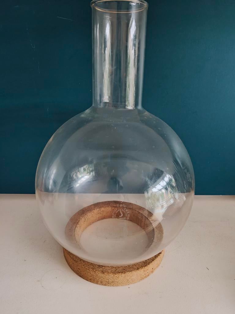 Vintage laboratorium kolf bolvaas fles 10 l. op kurk rand, Gebruikt, Overige kleuren, Ophalen of Verzenden, Glas