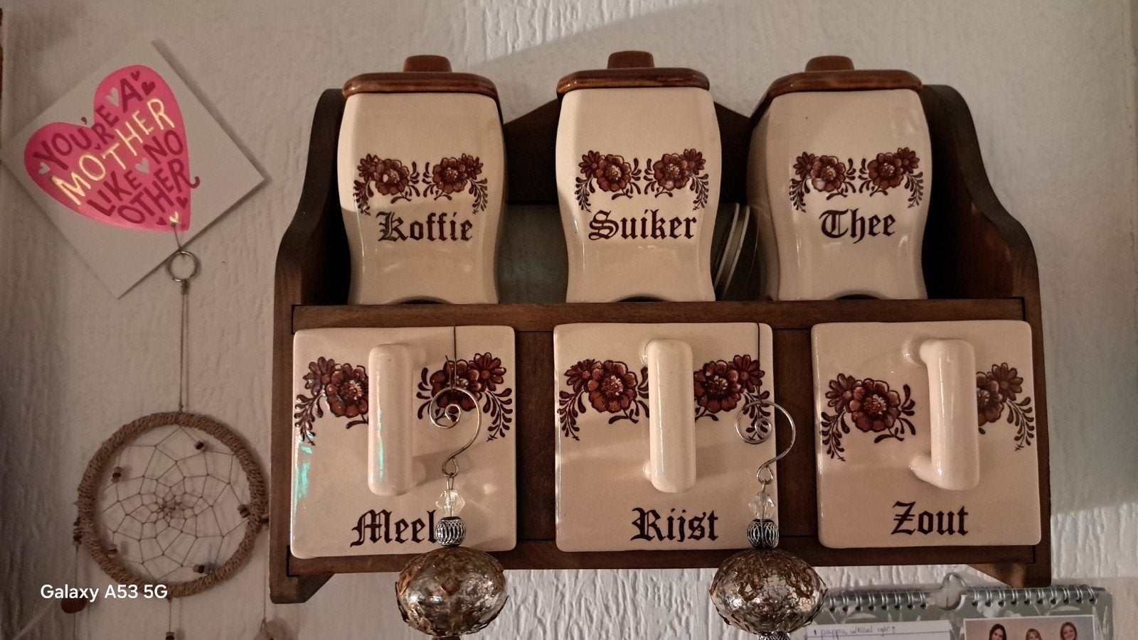 Vintage kruidenrek met 6 keramische voorraadpotten, Ophalen of Verzenden