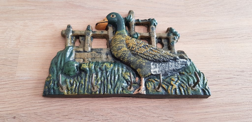 Vintage gietijzeren sleutelrekje met 5 haken, Gebruikt, Wandhaken, Ophalen of Verzenden, Minder dan 100 cm