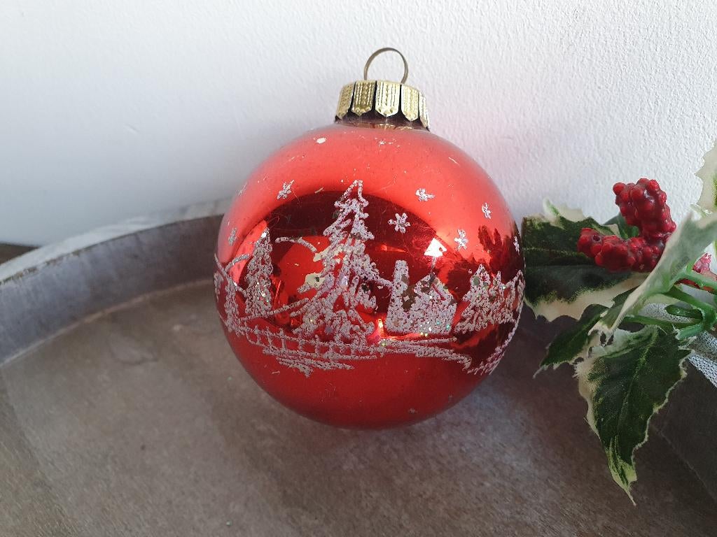 Vintage kerstbal rood dorpje 263, *, Gebruikt, *, Ophalen of Verzenden