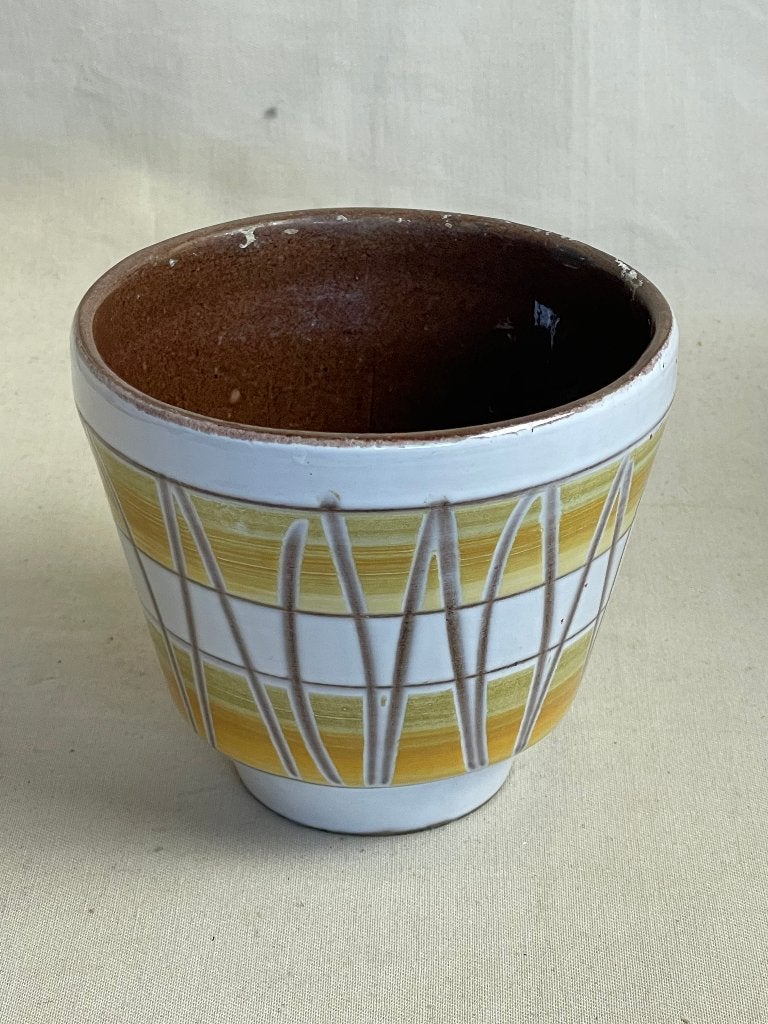 Vintage geel wit aardewerken bloempotje jaren 60, Gebruikt, Rond, Binnen, Ophalen of Verzenden