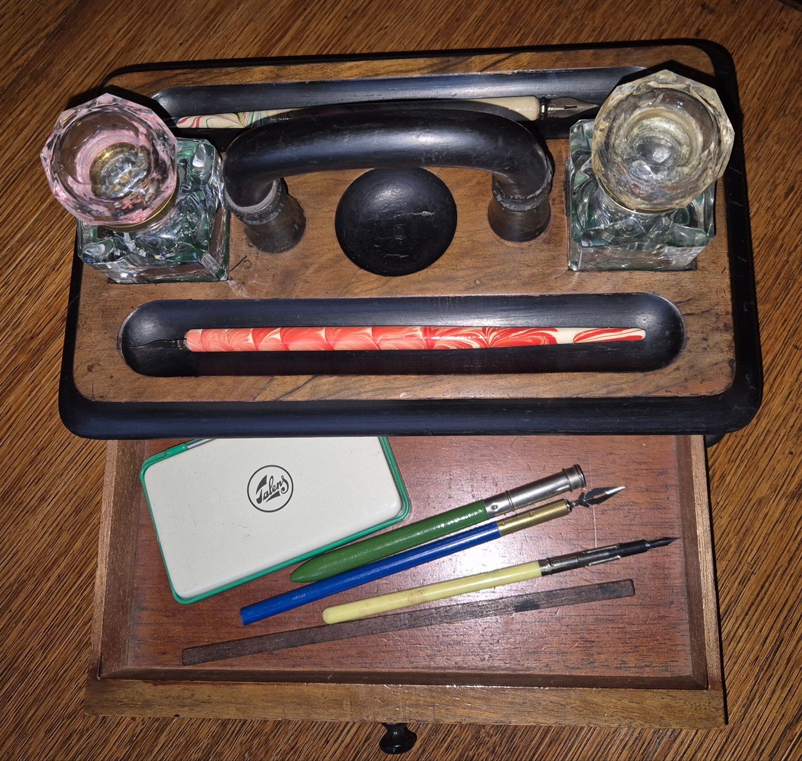 Antieke houten inktstel met twee inktpotten (gaaf) rond 1900, Antiek en Kunst, Ophalen