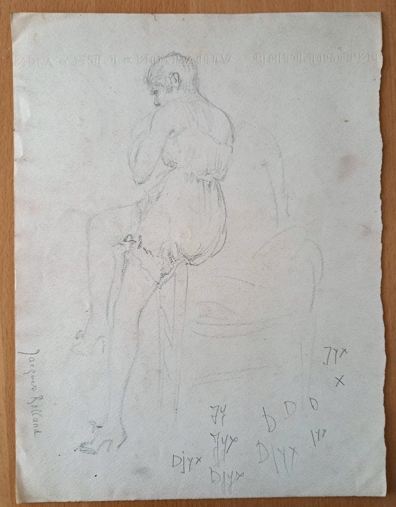 A493-37 Oude tekening Vrouw in lingerie op rug gezien, Antiek en Kunst, Ophalen of Verzenden