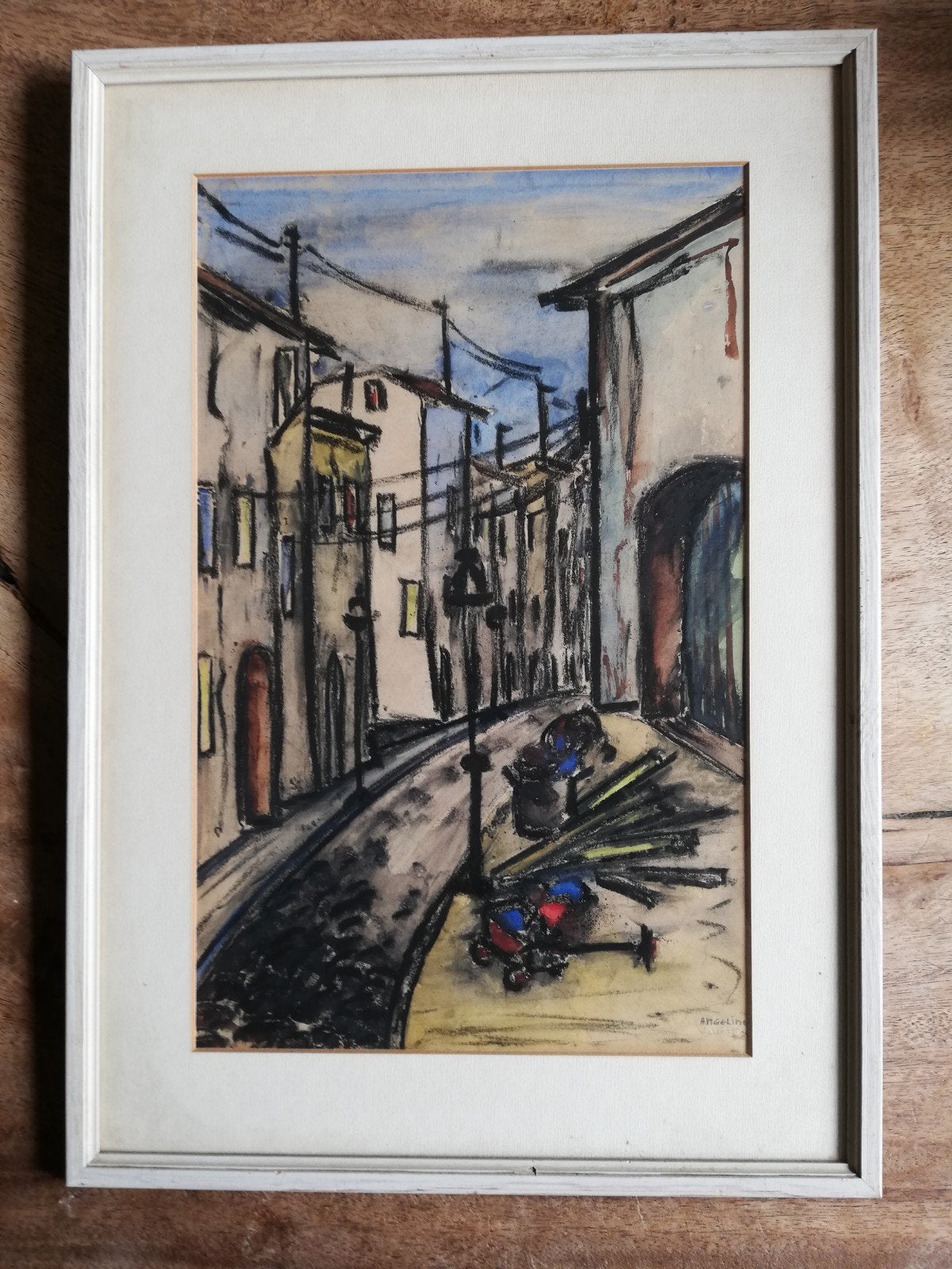 Expressionistische dorpsstraat. Angeline (pseudoniem?) 39/54, Ophalen, 50 – 75, Minder dan 50 cm, Oorspronkelijke maker