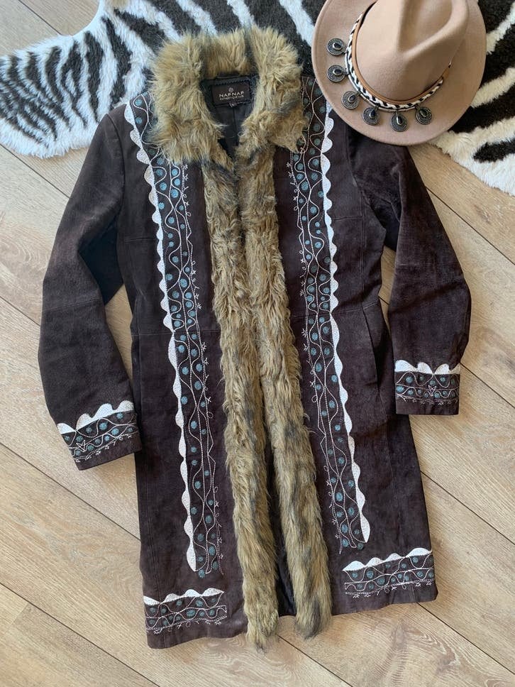 Naf Naf lammy coat S M embroidery afghan leren jas, Maat 38/40 (M), -, Ophalen of Verzenden, Zo goed als nieuw