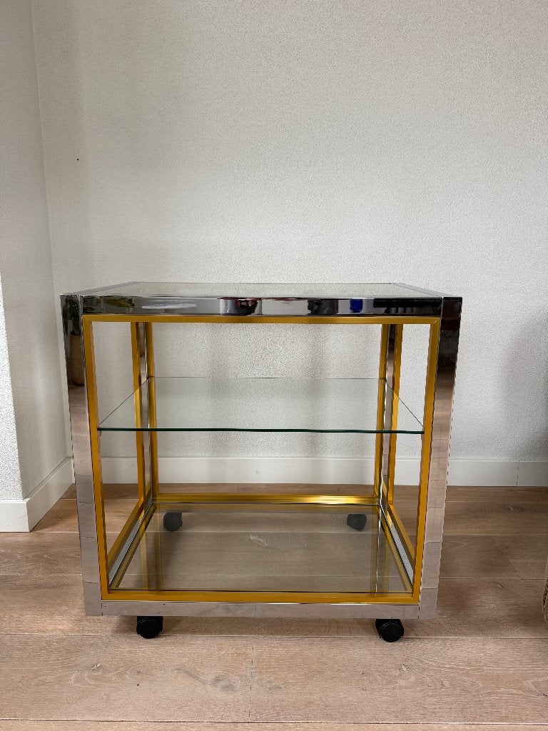 Glazen bijzettafel, chromen en goud, barcart trolley tafel, Ophalen, 50 tot 100 cm, Zo goed als nieuw, Modern, Hollywood Regency, design, vintage italiaans