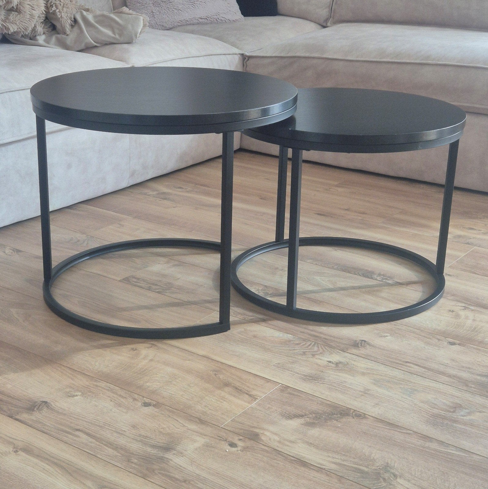 Zwarte ronde salontafel set, Huis en Inrichting, Tafels | Salontafels, Ophalen, 50 – 75, Gebruikt, 50 tot 100 cm