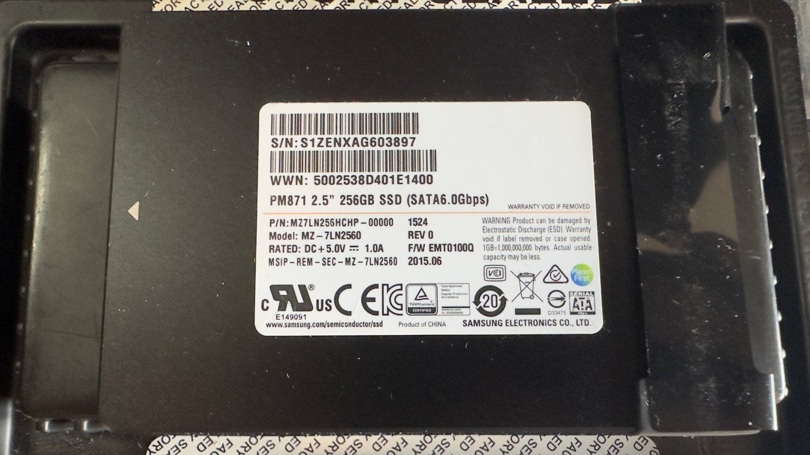 Samsung PM871 256GB 2.5 inch SATA SSD, Computers en Software, Harde schijven, Gebruikt, 256GB, SATA, Ophalen of Verzenden