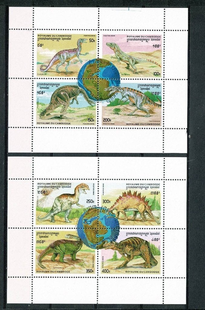 Pré historische dieren op 2 postzegelblokken Cambodja 1996, Postzegels en Munten, Verzenden, Gestempeld, Dier of Natuur