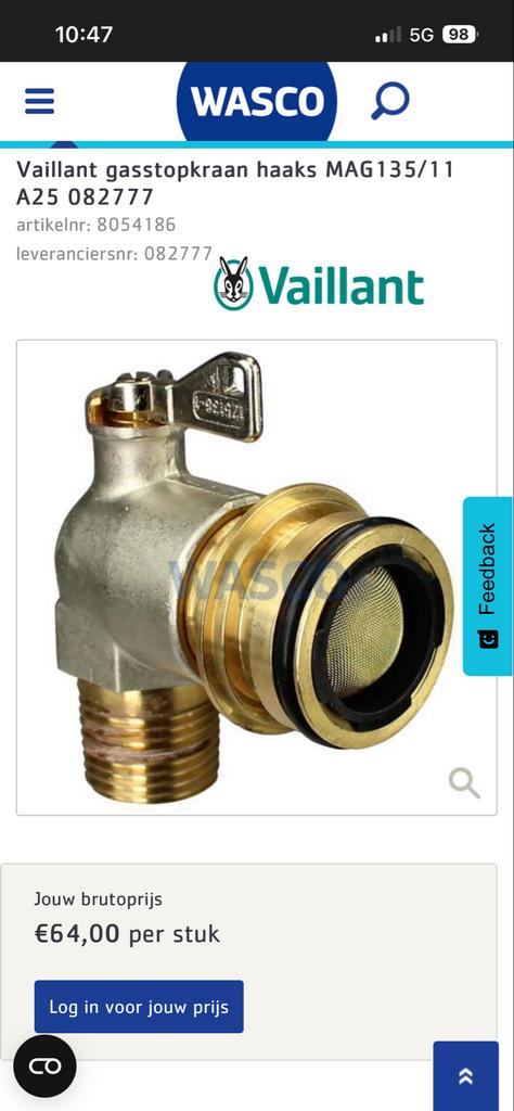 Vaillant gasstopkraan haaks MAG135/11 A25 082777, Ophalen of Verzenden, Nieuw, Kraan