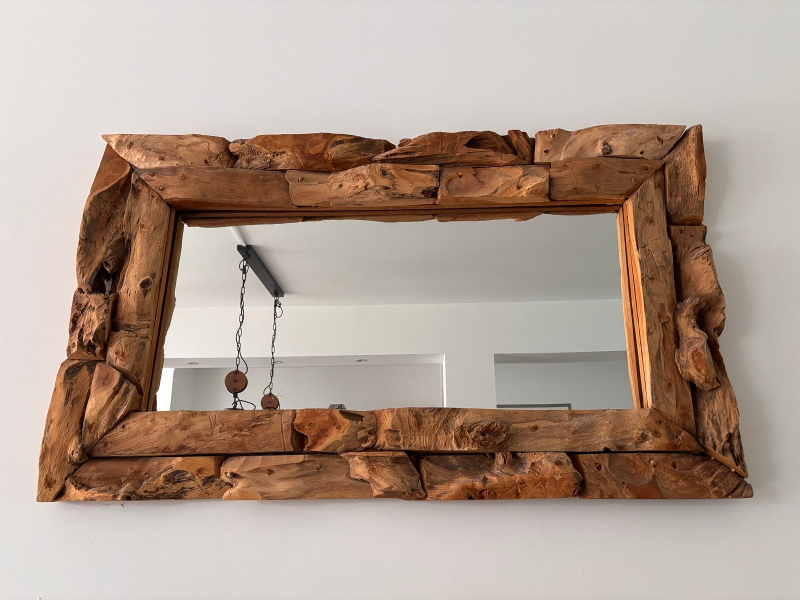 spiegel met robuuste teakhouten lijst, Huis en Inrichting, Woonaccessoires | Spiegels, Ophalen, 100 tot 150 cm, 125 cm of meer