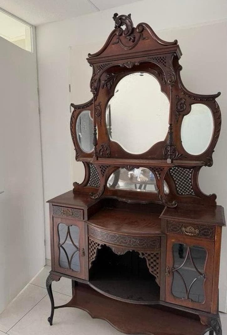 Antieke kaptafel met spiegel en houtsnijwerk, Ophalen of Verzenden