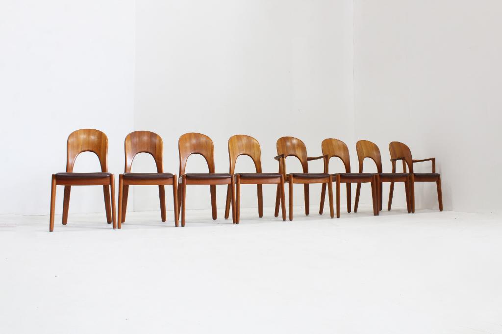 Vintage Deense Mid Century stoelen Niels Koefoed , set van 8, Vintage, design, Bruin, Ophalen of Verzenden, Zo goed als nieuw