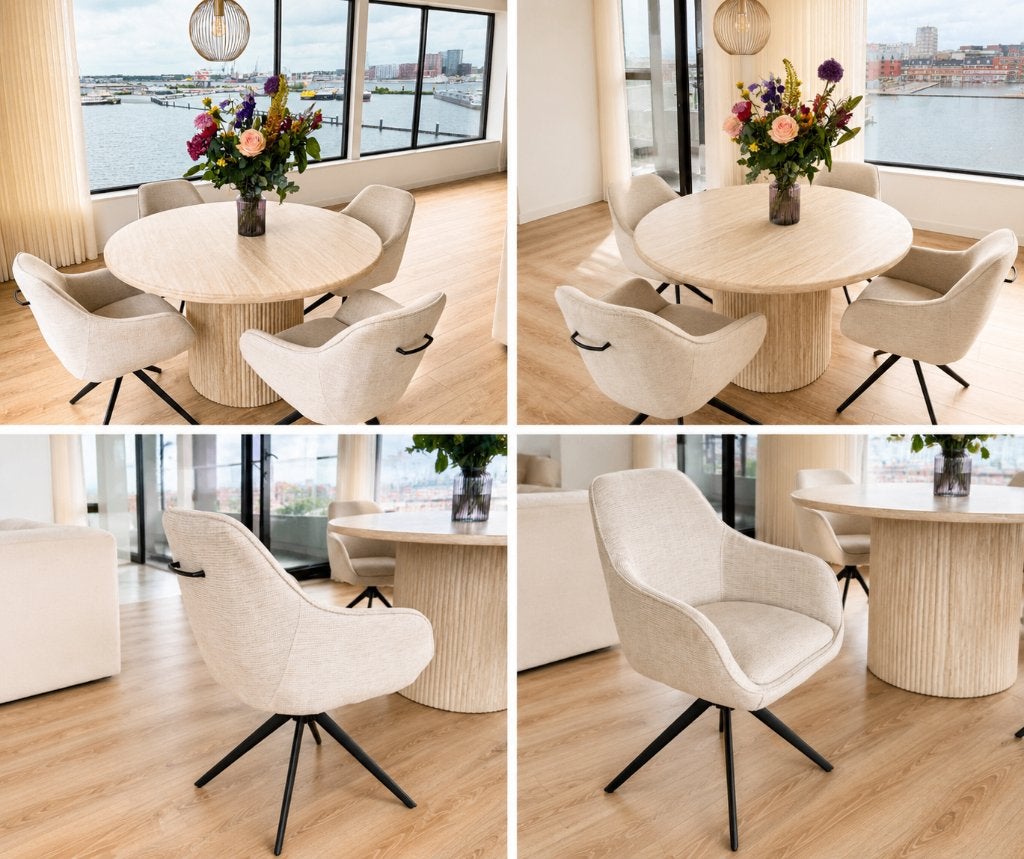 Luxe ronde eettafel 130 cm + 4 draaistoelen | Crème, Ophalen, Rond, Zo goed als nieuw, Vier personen