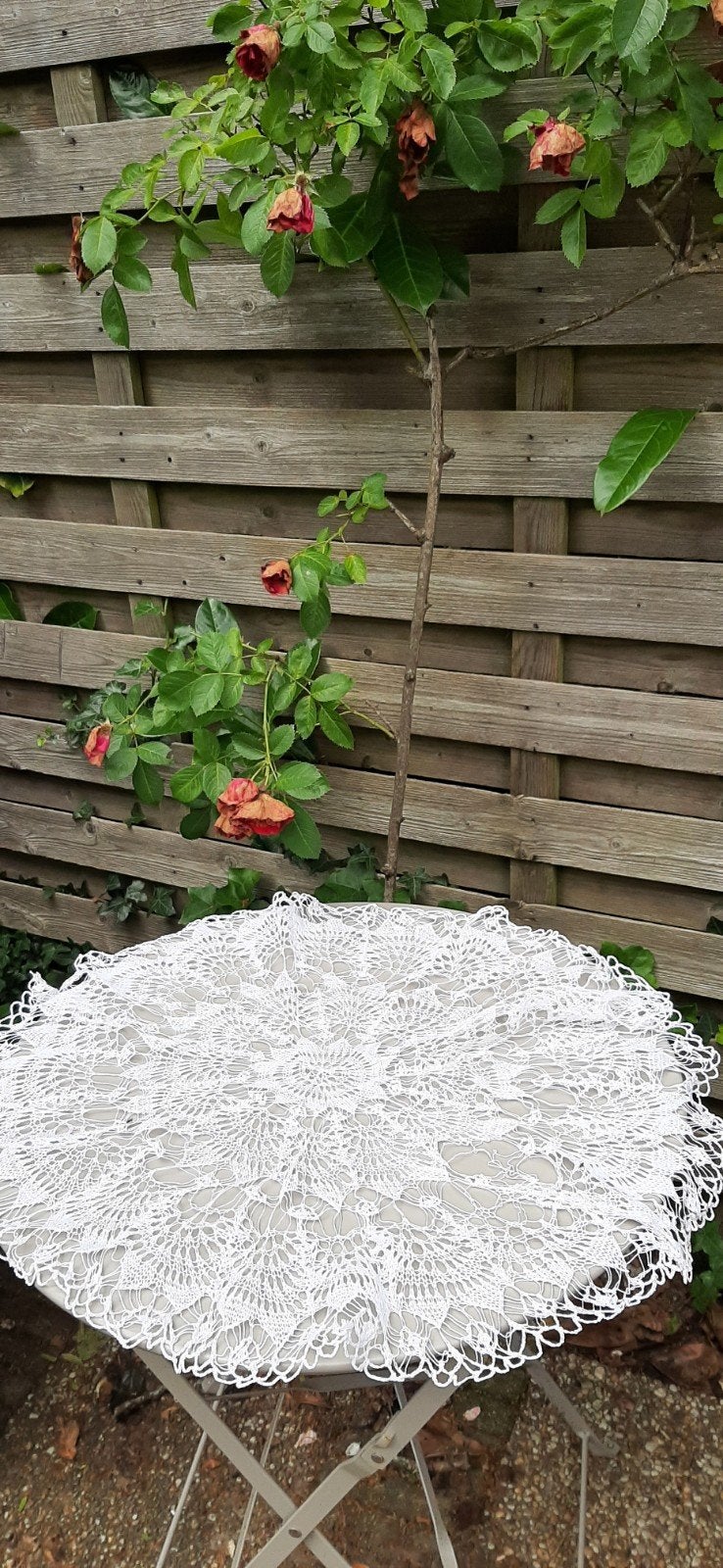 Vintage gehaakt tafelkleed, wit, diameter 65cm, Ophalen of Verzenden