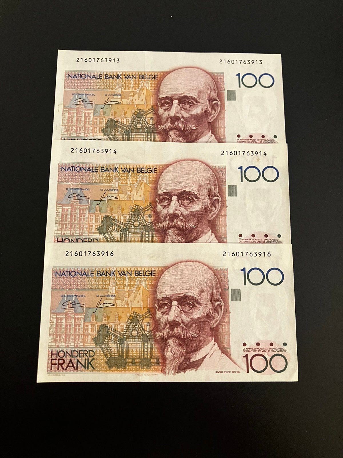 Set van 3 Belgische francs met oplopend serienummer, Ophalen of Verzenden