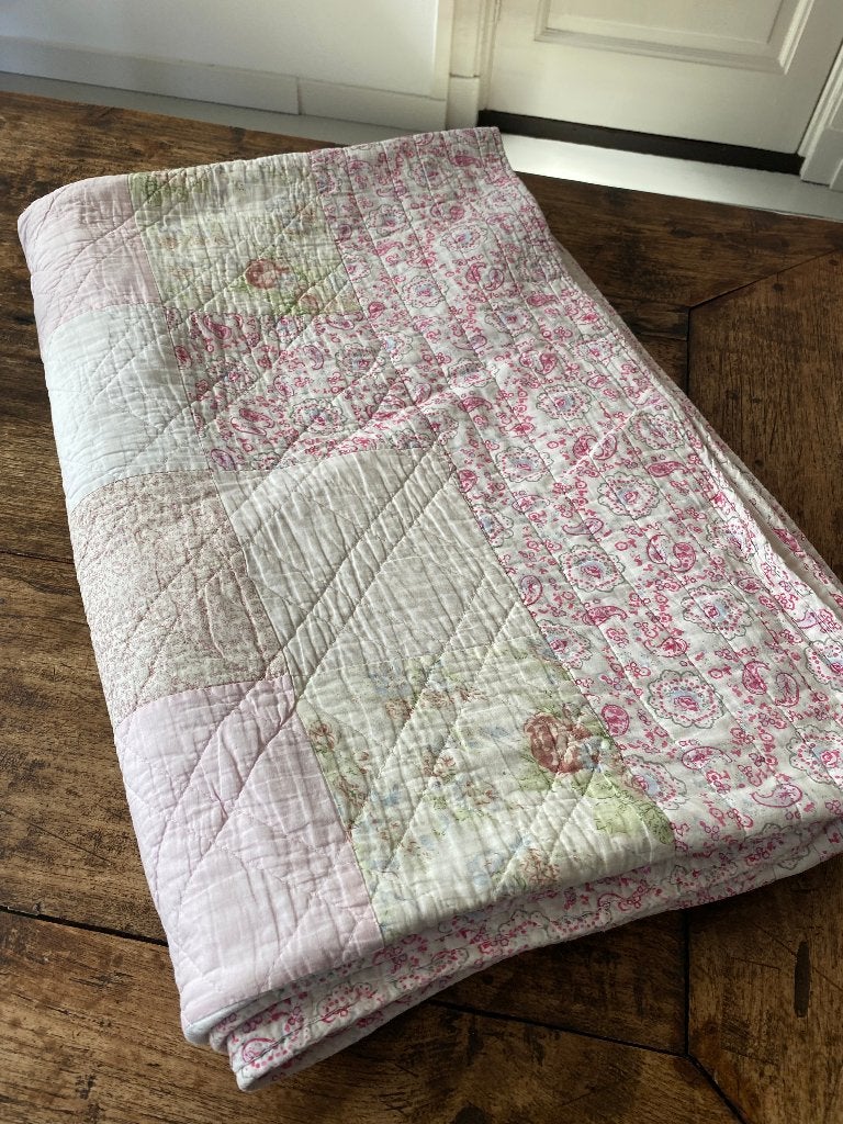 Brocante Franse plaid/quilt/sprei - roze gebloemd/geblokt, Ophalen of Verzenden