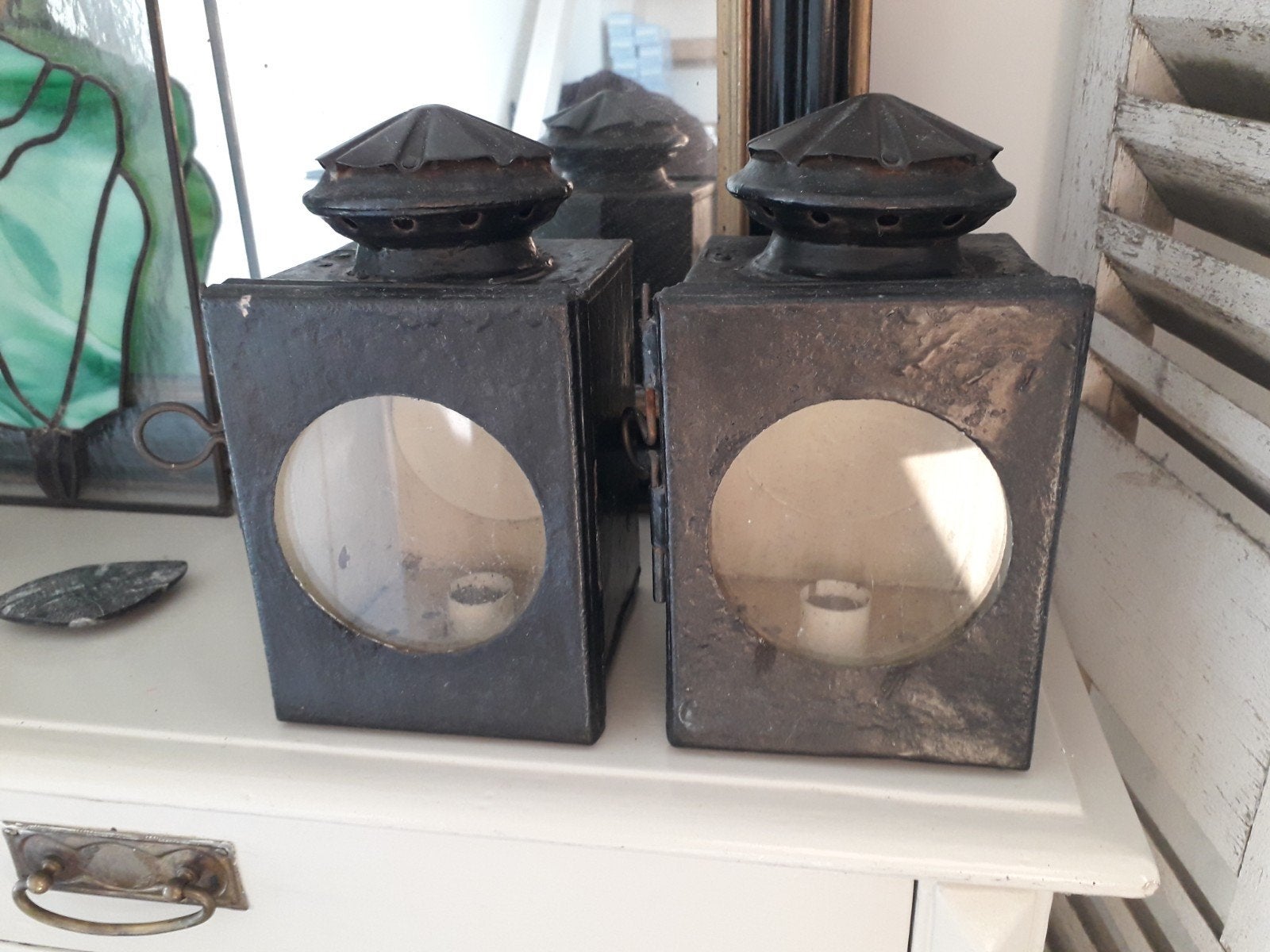 Brocante koetslampen (ijzer kandelaar lantaarn oud landelijk, Ophalen of Verzenden