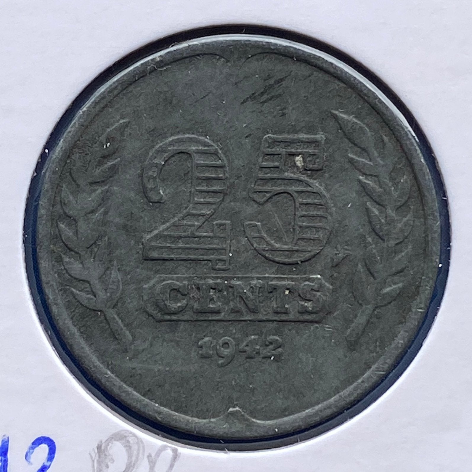 25 Cent Zink / Zinken stuiver uit 1942 van Wilhelmina, Verzenden, Koningin Wilhelmina, 25 cent, Losse munt