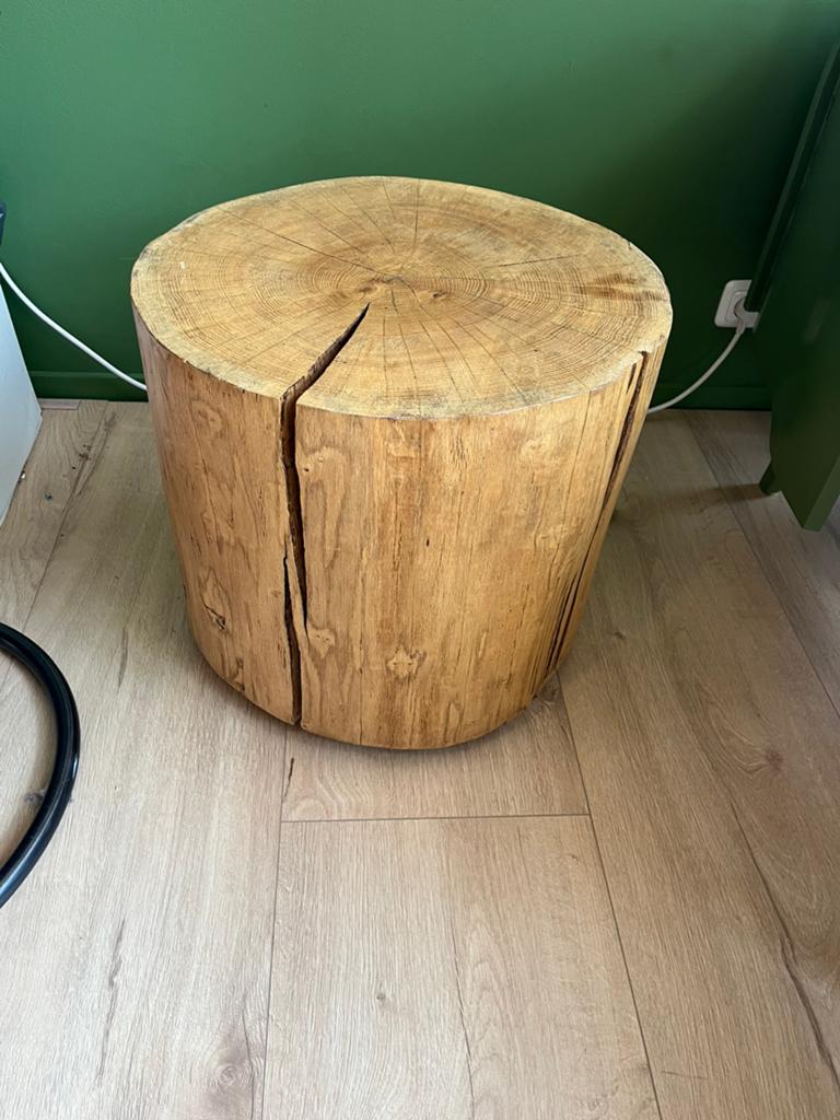 Boomstam bijzet tafel met wieltjes, Ophalen of Verzenden, Rond, Minder dan 55 cm, 45 tot 60 cm