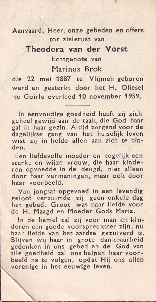 Vorst Theodora 1887 Vlijmen 1959 Goirle, Verzamelen, Ophalen of Verzenden, Bidprentje