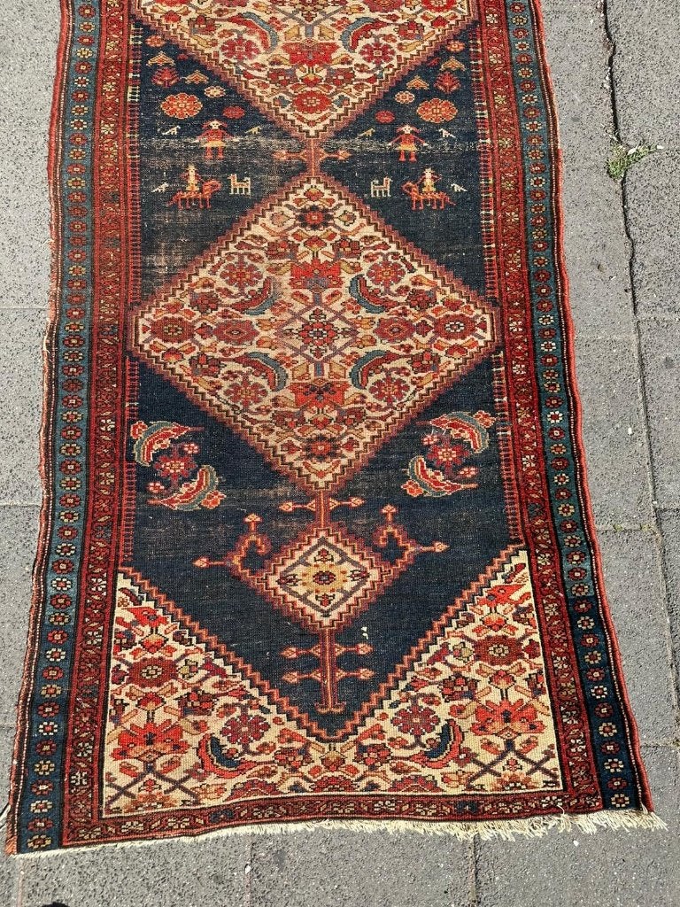 Antieke Malayer loper – 325 x 107 cm – elegant ruitpatroon, Gebruikt, 100 tot 150 cm, Wol, 200 cm of meer