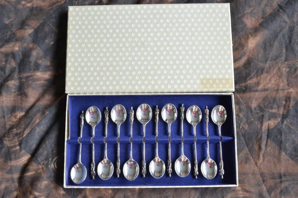 set van 12 verzilverde apostel lepeltjes in oud doosje., Ophalen of Verzenden
