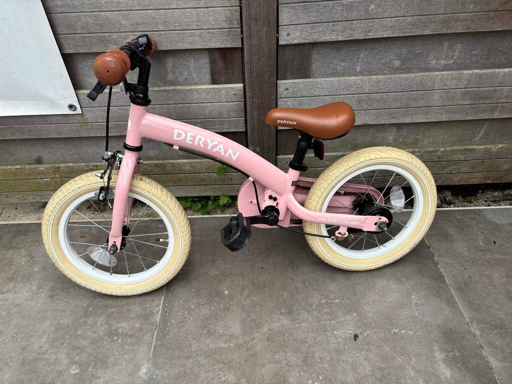 Deryan 3-in-1 Roze Kinderfiets - Zo goed als nieuw, Fietsen en Brommers, Fietsen | Kinderfietsjes, Terugtraprem, Zijwieltjes, 16 tot 20 inch