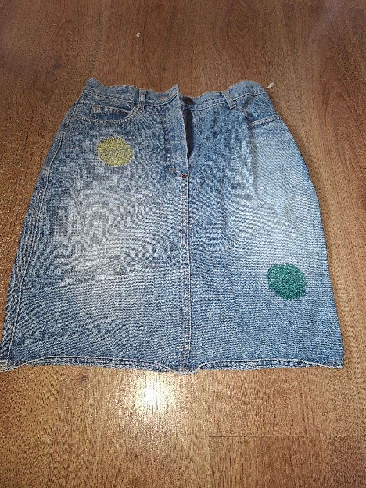Vintage spijkerrok maat L met unieke patches, Blauw, Maat 42/44 (L), Ophalen of Verzenden, Onbekend