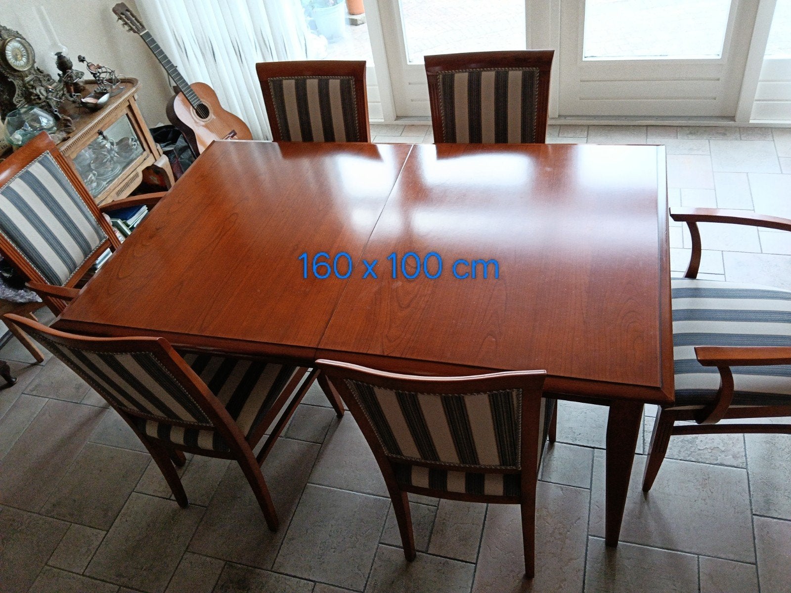 Kersenhouten eettafel met 6 stoelen - uitschuifbaar, Ophalen, Gebruikt, Klassiek, 200 cm of meer