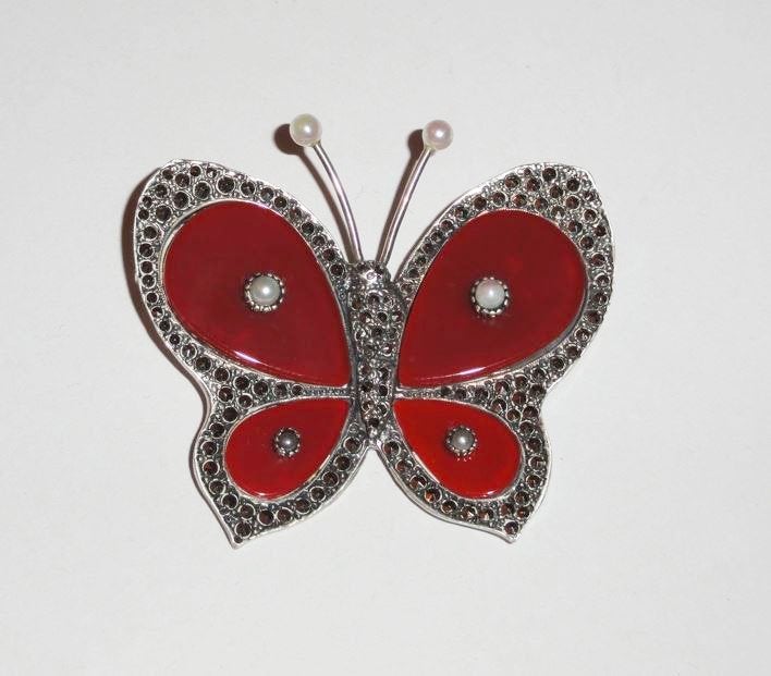 Broche Vlinder Carneool Markasiet Parels 925 Hanger, 4 tot 7 cm, Overige kleuren, Verzenden, Nieuw