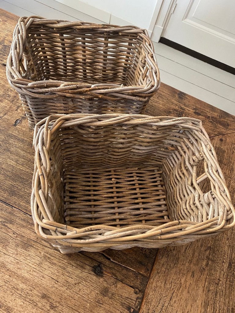 Brocante, grof gevlochten rieten manden/lademanden, Ophalen of Verzenden