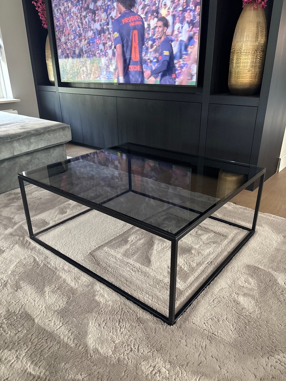 Salontafel met glazen blad en metalen frame, Huis en Inrichting, Ophalen, Gebruikt, 50 tot 100 cm, Glas