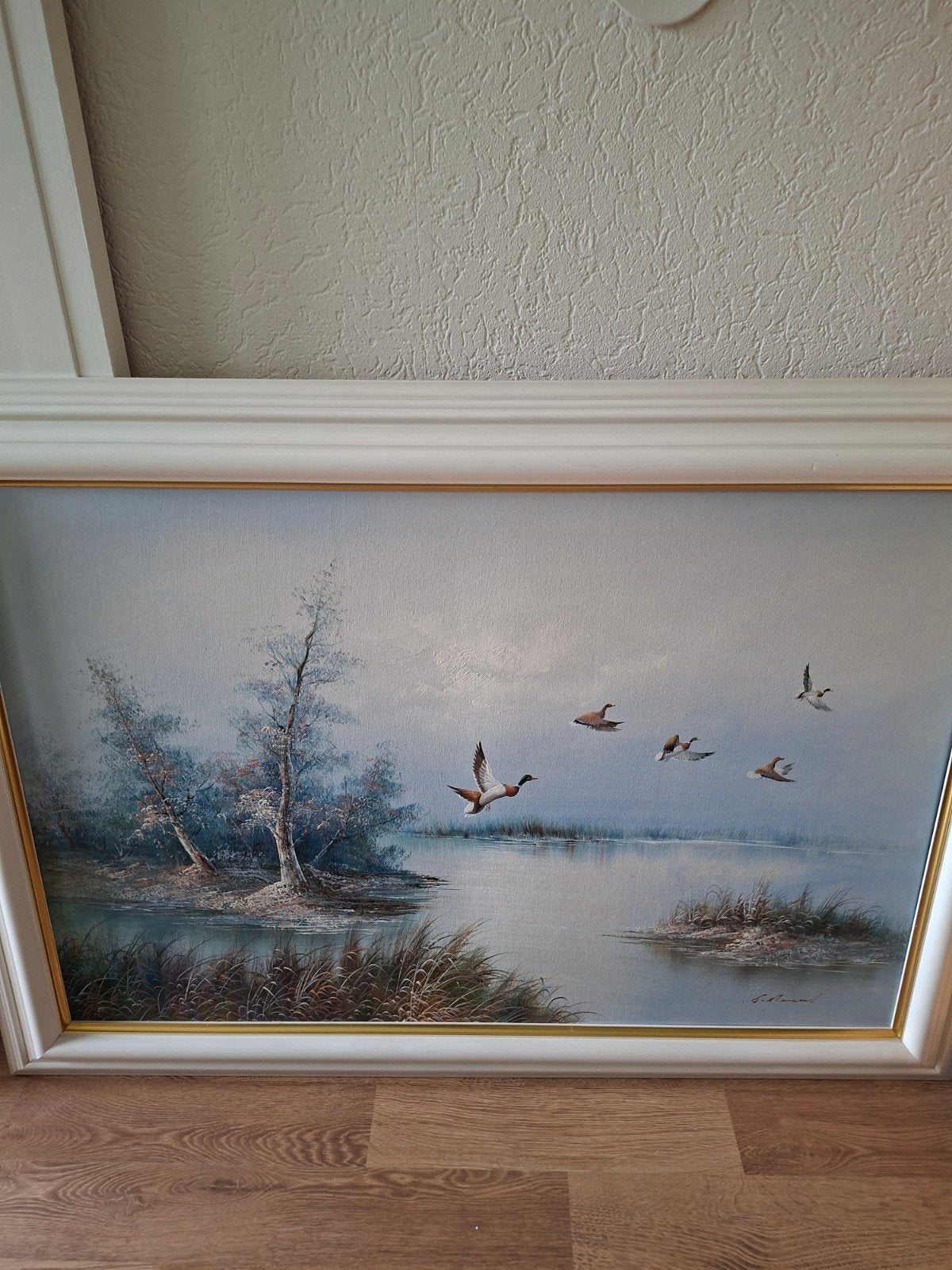 groot schilderij landschap eenden 77 x 107 cm, Antiek en Kunst, Ophalen of Verzenden