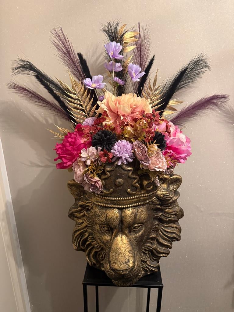 Unieke Leeuwenkop Vaas met Kunstbloemen, Ophalen, Overige materialen, Overige kleuren, Zo goed als nieuw