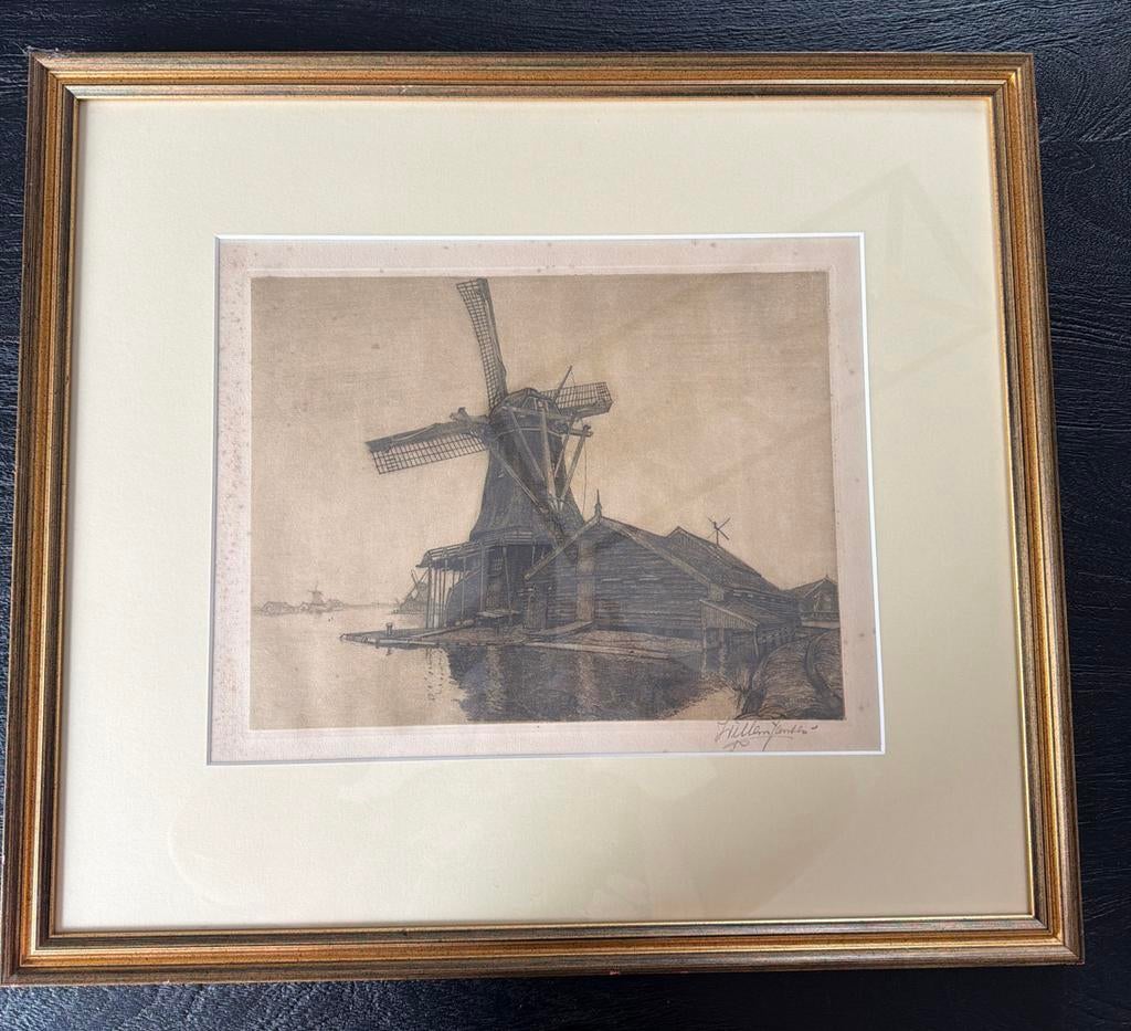 Ets van een molen, gesigneerd Willem Jansen, Antiek en Kunst, Ets, Ophalen of Verzenden, Gesigneerd, Landschap