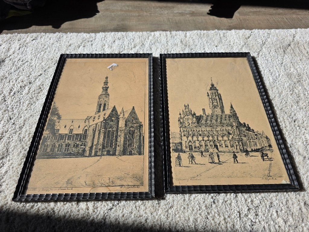 2 oude prenten van Middelburg met lijst, Ophalen of Verzenden, Voor 1920, Zeeland