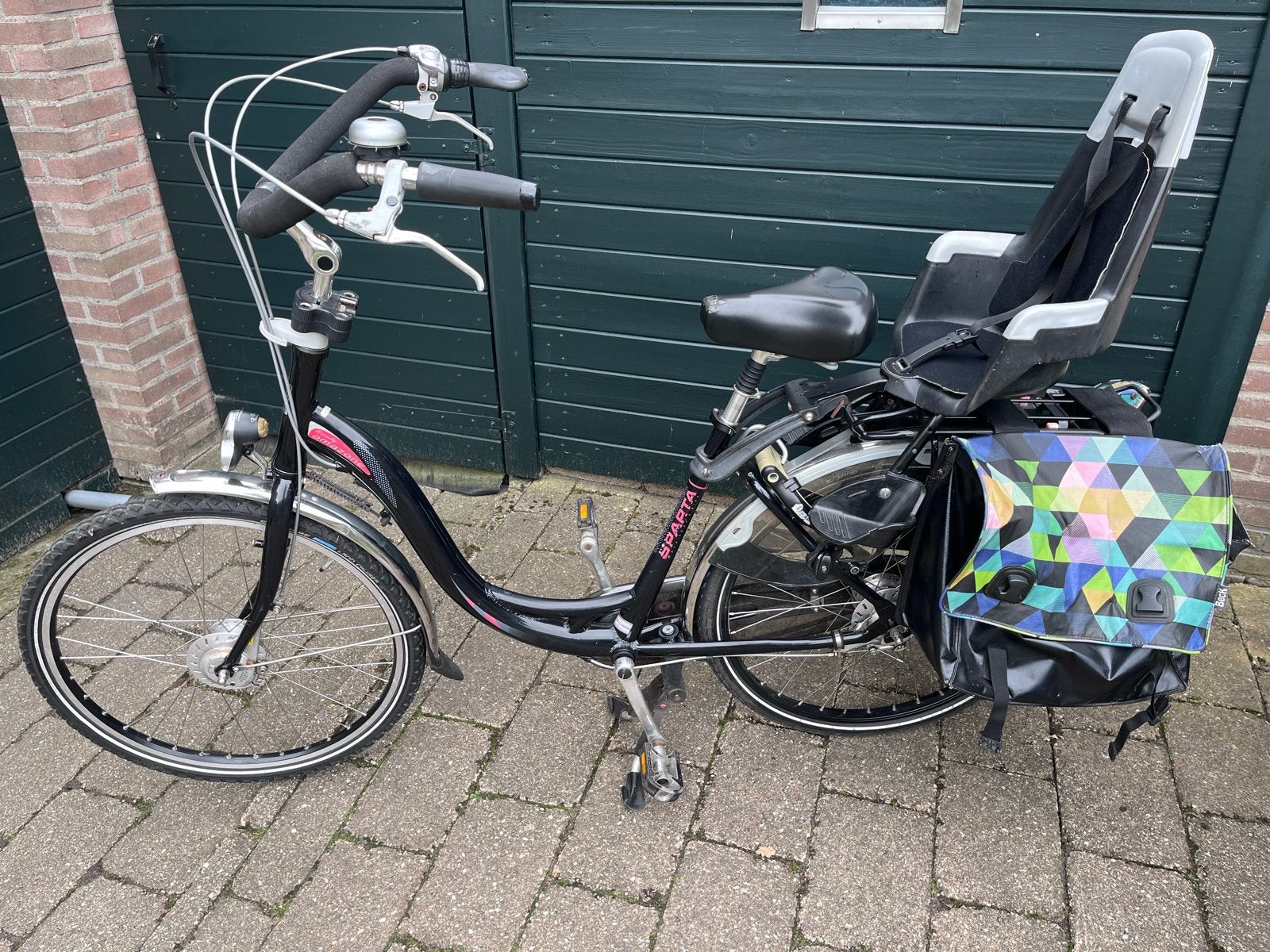 Sparta Amazone Moederfiets met Kinderzitje en Fietstassen, Ophalen, Sparta, Trommelrem, 53 tot 56 cm