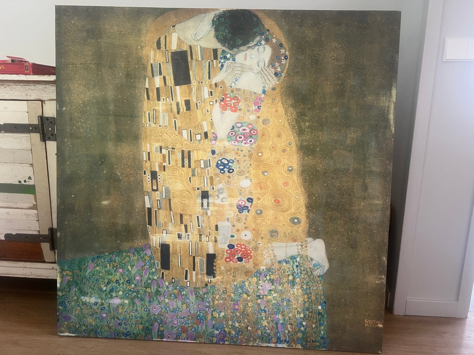 Canvas Vierkant 117 cm - De Kus van Gustav Klimt, Huis en Inrichting, Woonaccessoires | Schilderijen, Tekeningen en Foto's, Ophalen