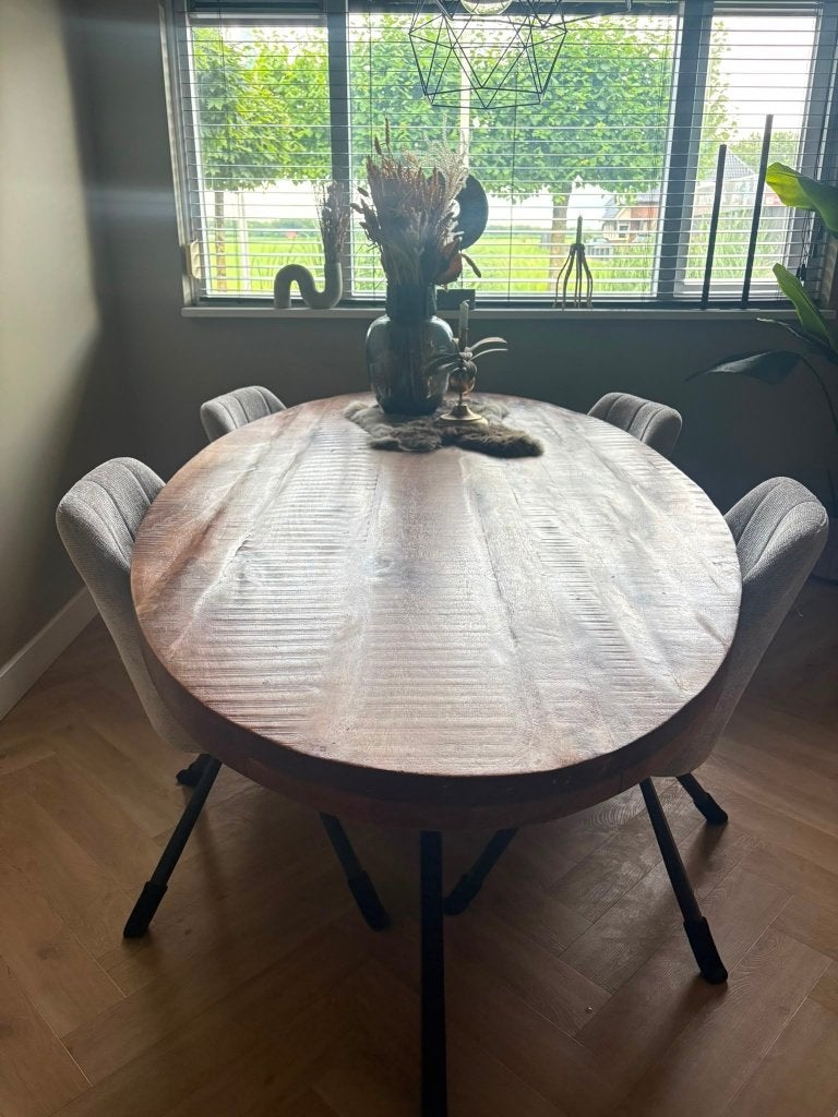 Ovale eettafel mangohout, Ophalen, 100 tot 150 cm, 200 cm of meer, Zo goed als nieuw