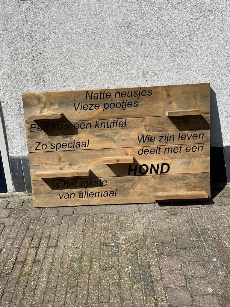Houten wanddecoratie met spreuk over honden, Ophalen, Gebruikt, Hout, Bruin