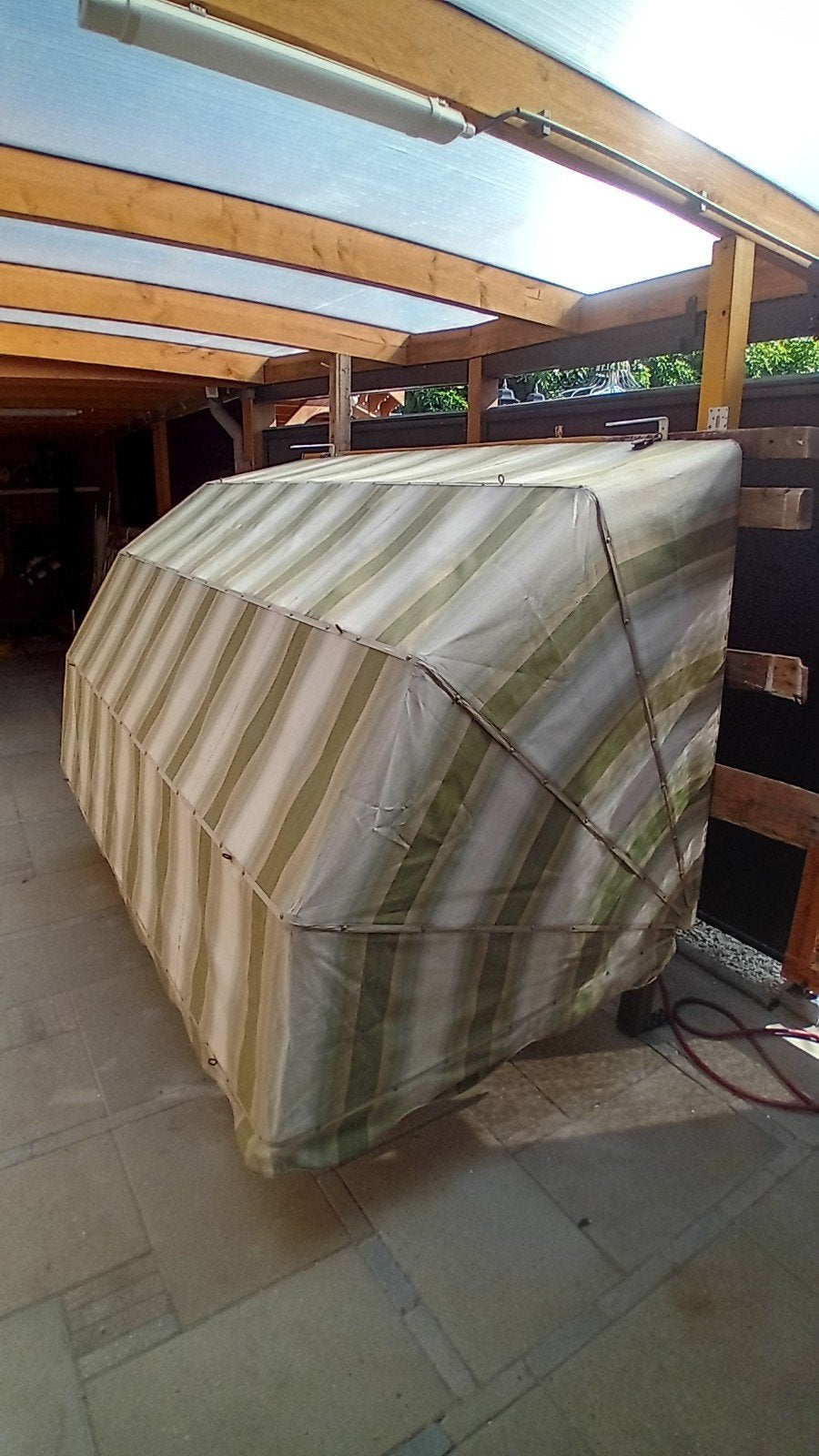 Markiezen 2 st compleet met houten omkasting, Ophalen, Gebruikt, Markies, 250 cm tot 450 cm