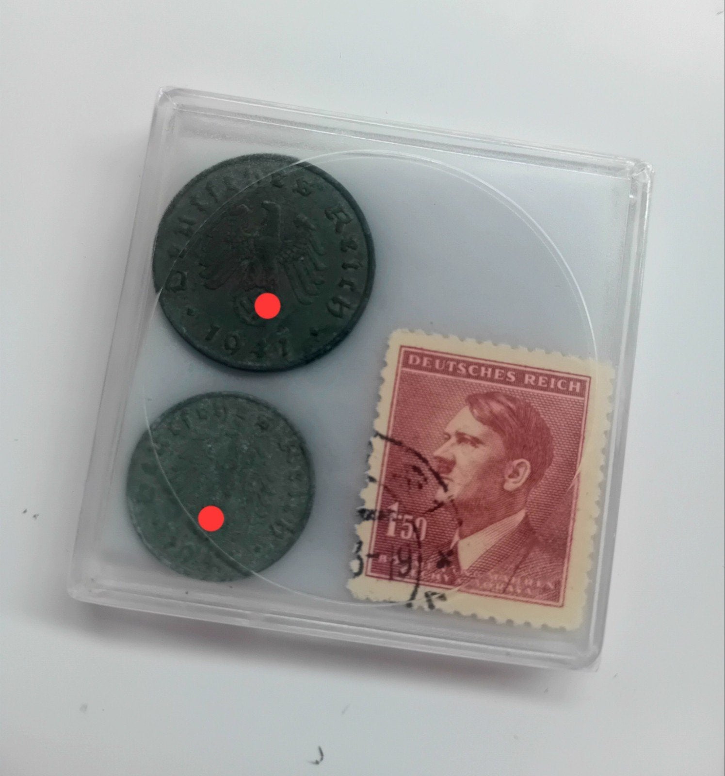 WO2 Set - 1 & 10 Reichspfennig Zink + Postzegel in Case, Ophalen of Verzenden, Landmacht, Duitsland, Hulzen of Bodemvondsten